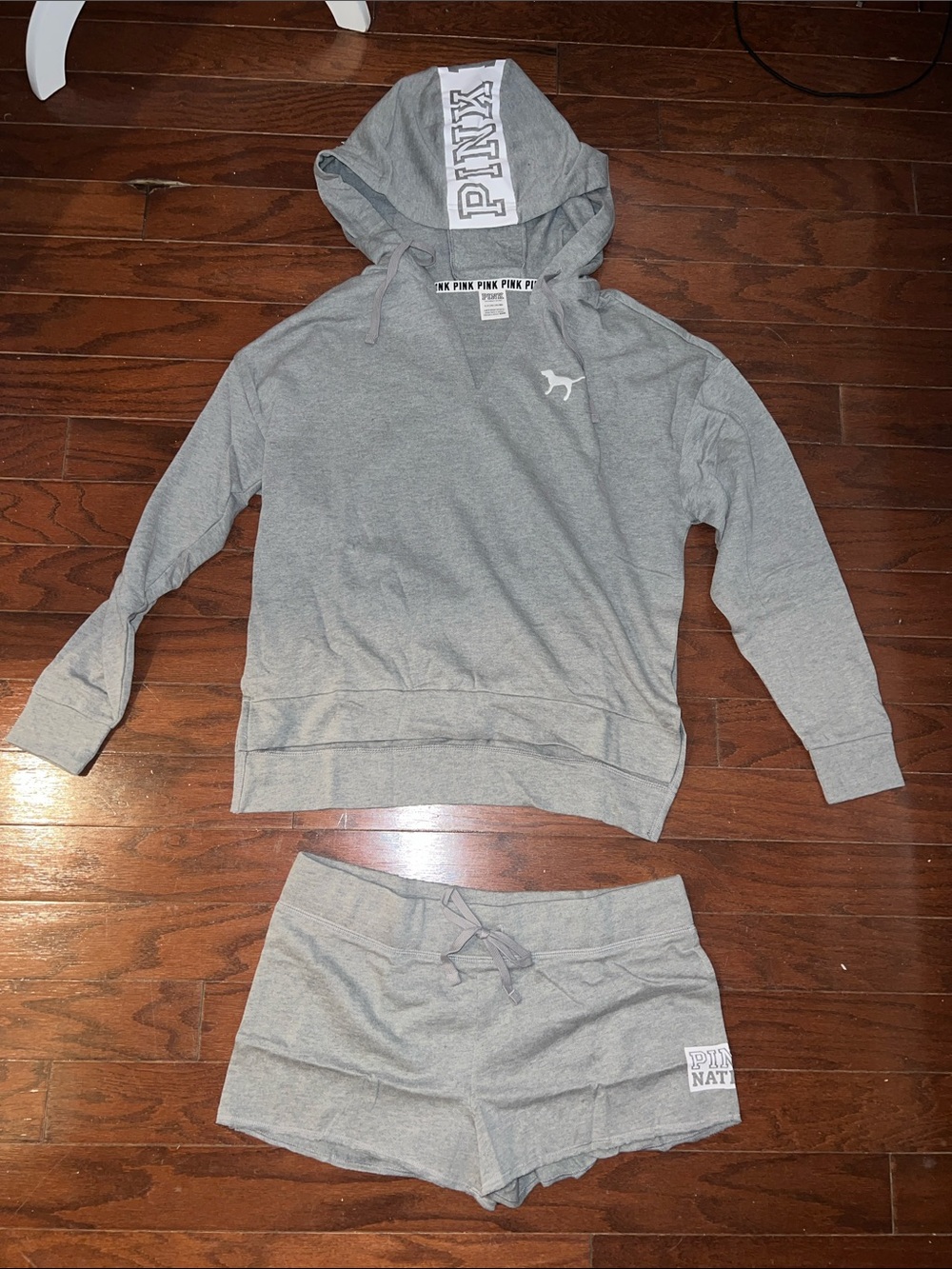 Victoria's Secret PINK Gray Hoodie with Logo Trim and shorts lounge set